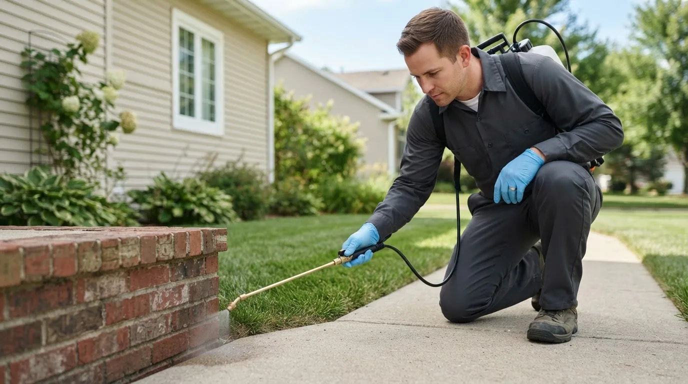 Pest control technician treating a home near Elgin, OR